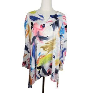 Jess & Jane XL Vernet Slit V-Neck Chiffon Abstract Print Top Lightweight
